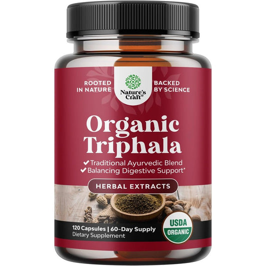 Natures Craft Organic Triphala 120 capsules bottle front view showing the red label and black cap for digestive health support