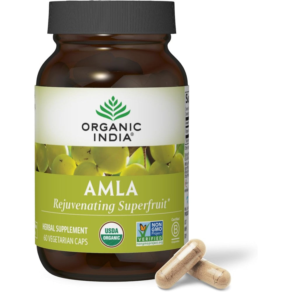 Organic India Amla Gooseberry 60 Immune Capsules front view showing authentic USA packaging.