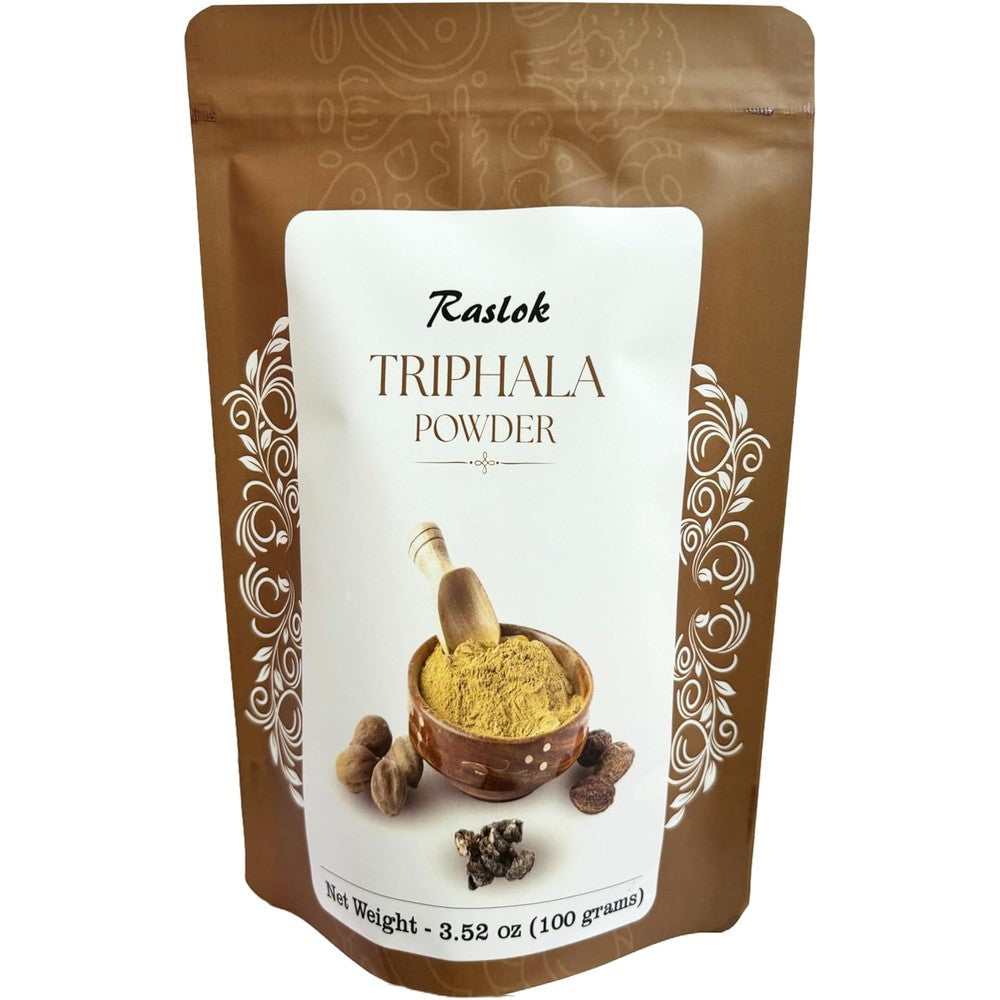Raslok Triphala Powder front view packaging for premium Ayurvedic digestive health support.