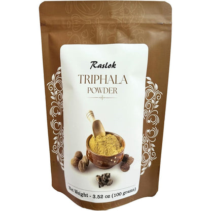 Raslok Triphala Powder front view packaging for premium Ayurvedic digestive health support.