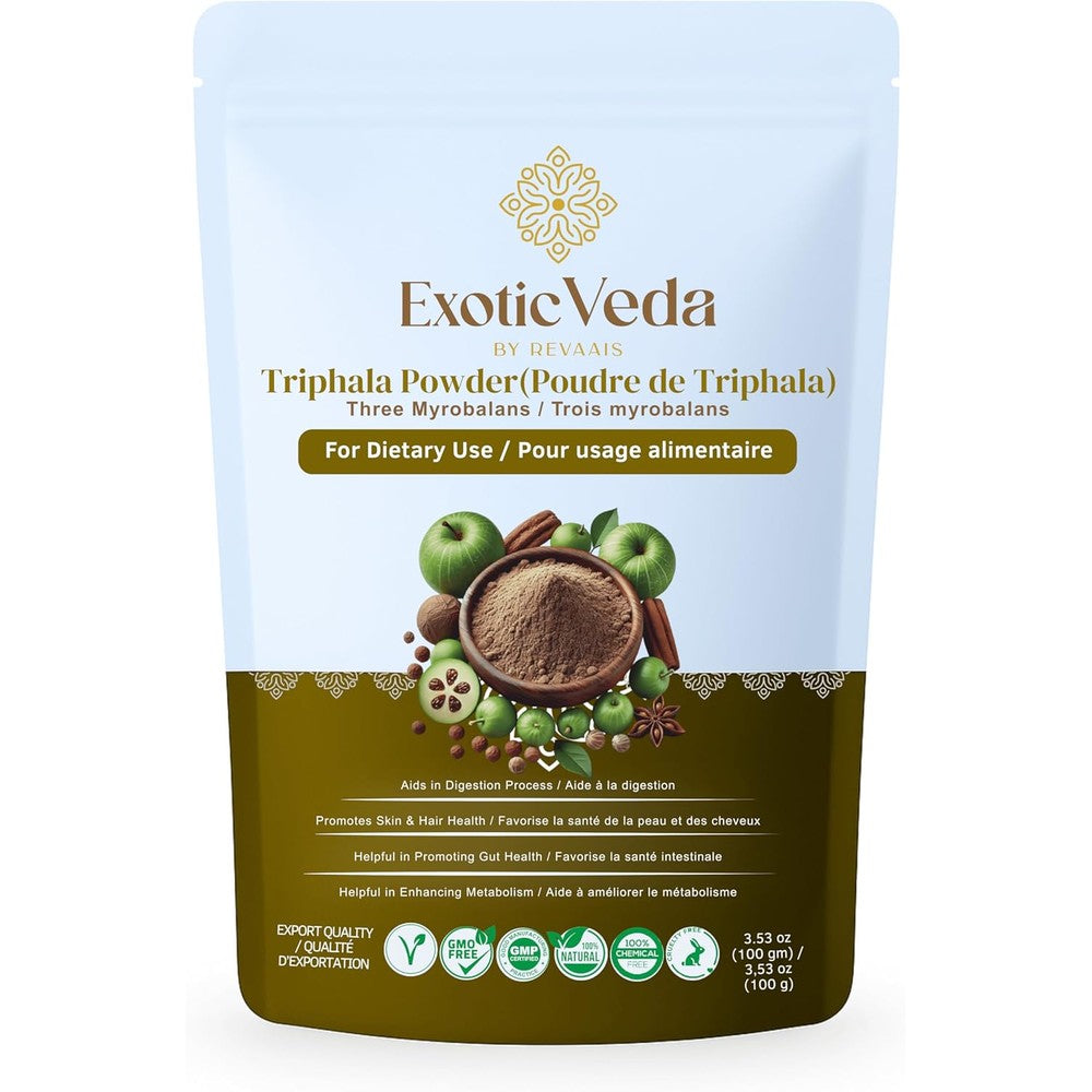 Exotic Veda Triphala Powder 100g front view packaging for digestion support.