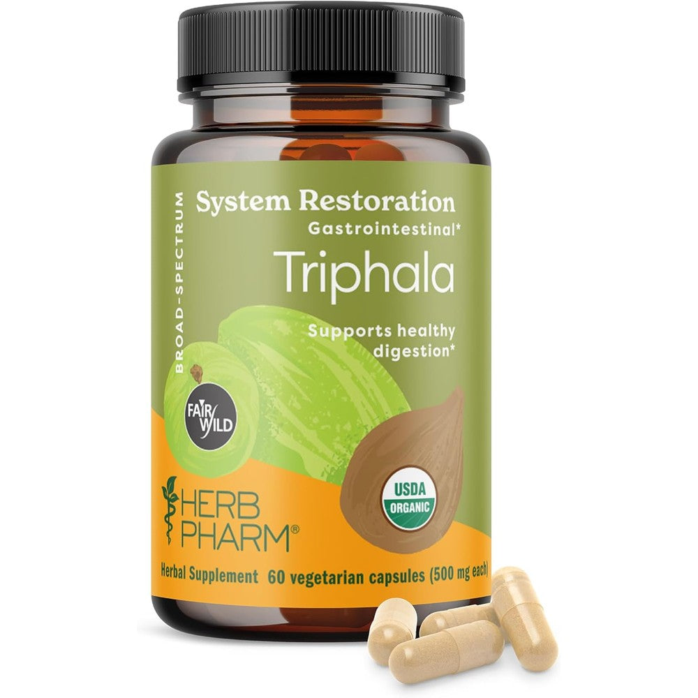 Herb Pharm Triphala Capsules 60 Vegan Capsules front bottle view for authentic USA imported digestive support