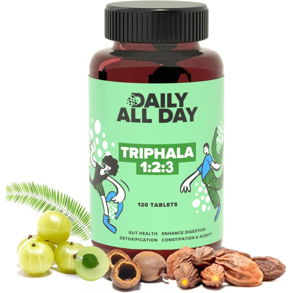 Daily All Day Triphala 1 2 3 Ratio 120 Tablets front bottle view for constipation relief
