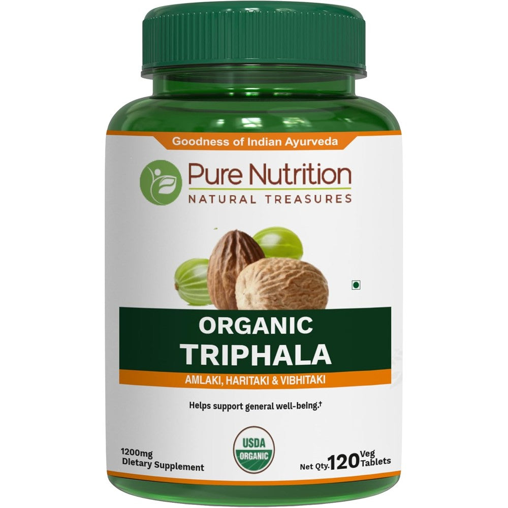 Pure Nutrition Organic Triphala 120 Tablets front view showcasing packaging and digestive health benefits.