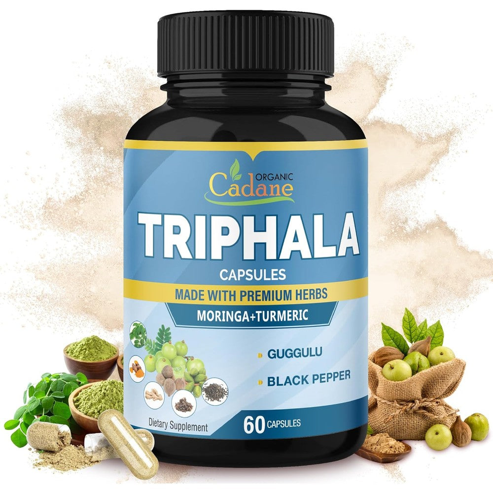 Jiva Botanicals Organic Cadane Triphala Extract front view bottle showing sixty capsules dietary supplement.