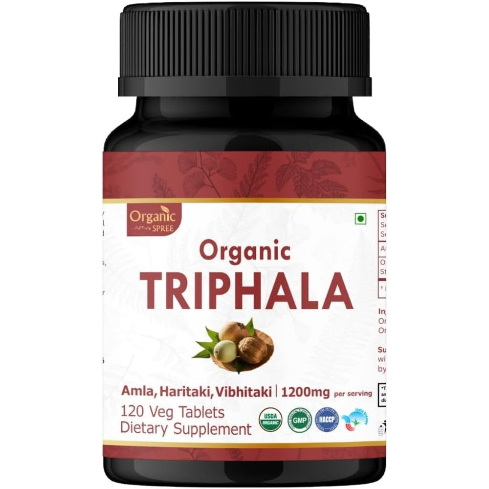 Organic Spree Triphala 120 tablets front view of bottle packaging showing organic digestive support credentials.