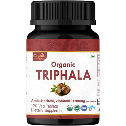 Organic Spree Triphala 120 tablets front view of bottle packaging showing organic digestive support credentials.
