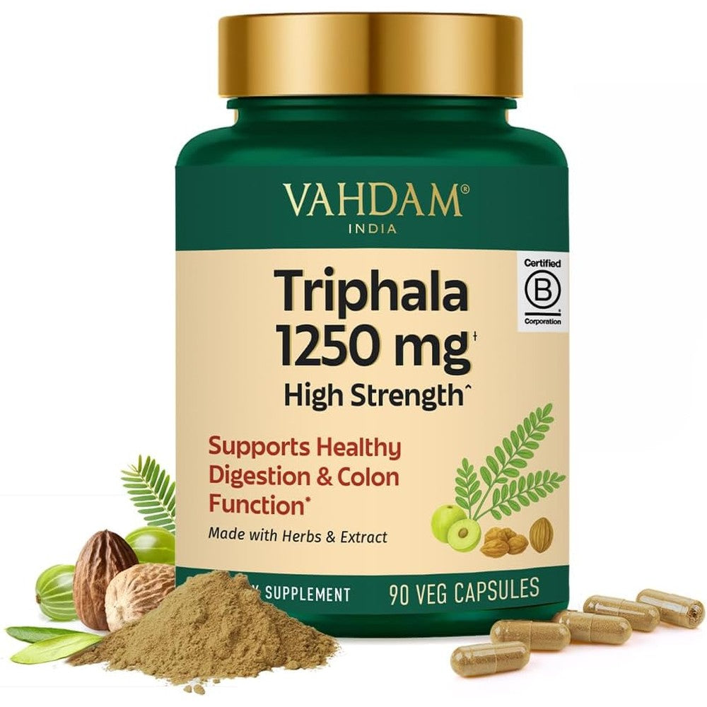 Vahdam Triphala Capsules bottle for Ayurvedic gut health and digestive health supplements