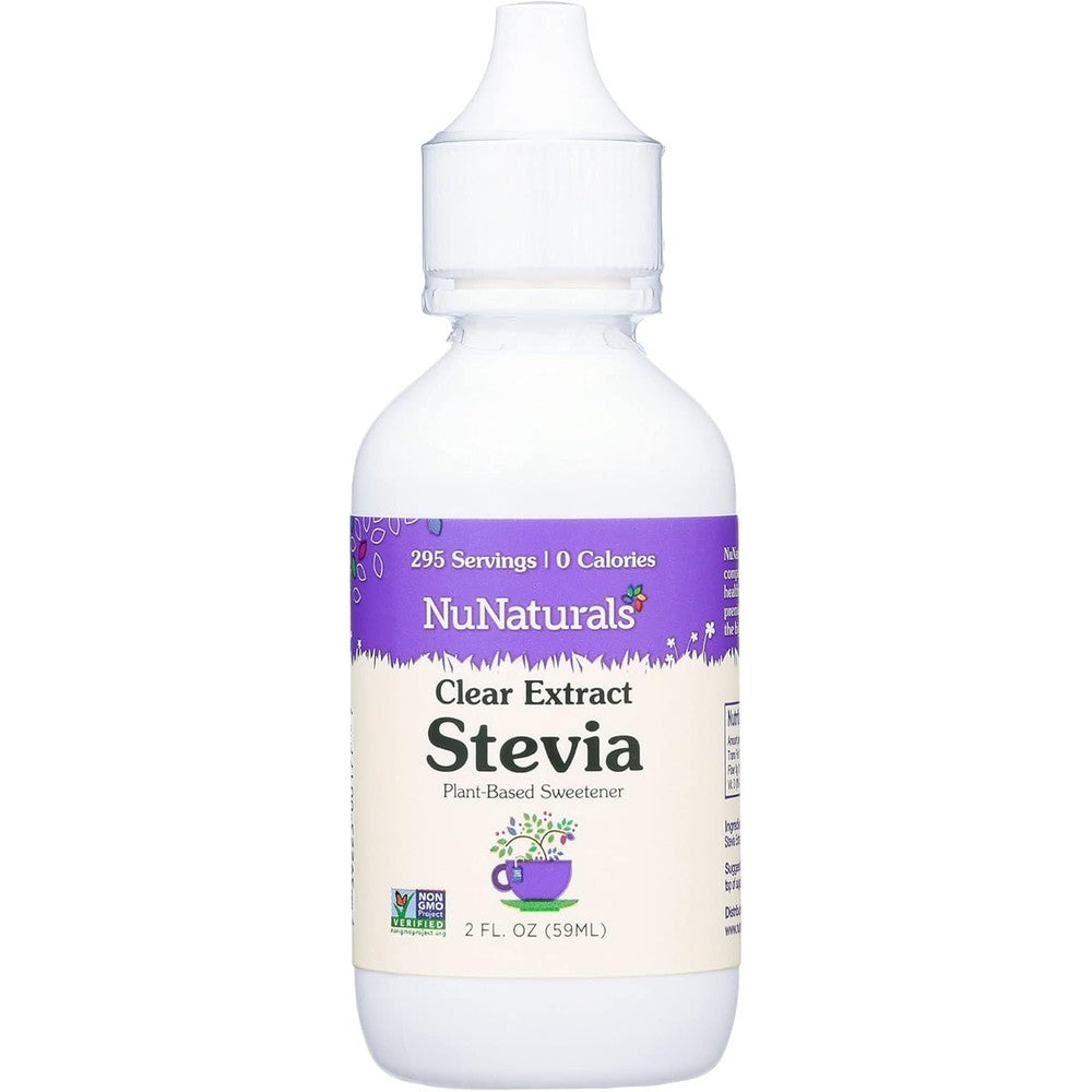 NuNaturals Clear Extract Stevia Liquid Plant Based Sweetener front view bottle