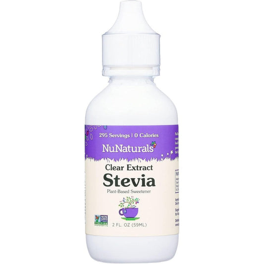 NuNaturals Clear Extract Stevia Liquid Plant Based Sweetener front view bottle