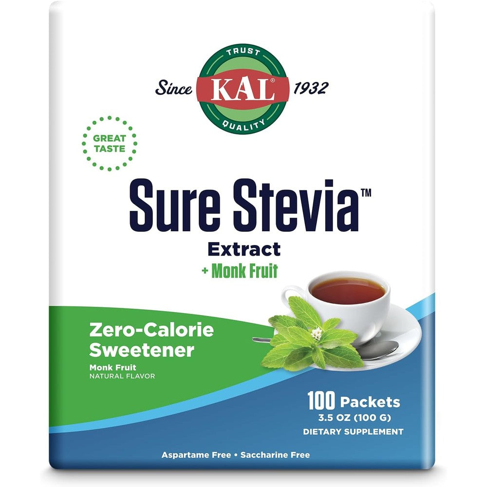 KAL Sure Stevia Plus Monk Fruit Sweetener front view box of 100 packets