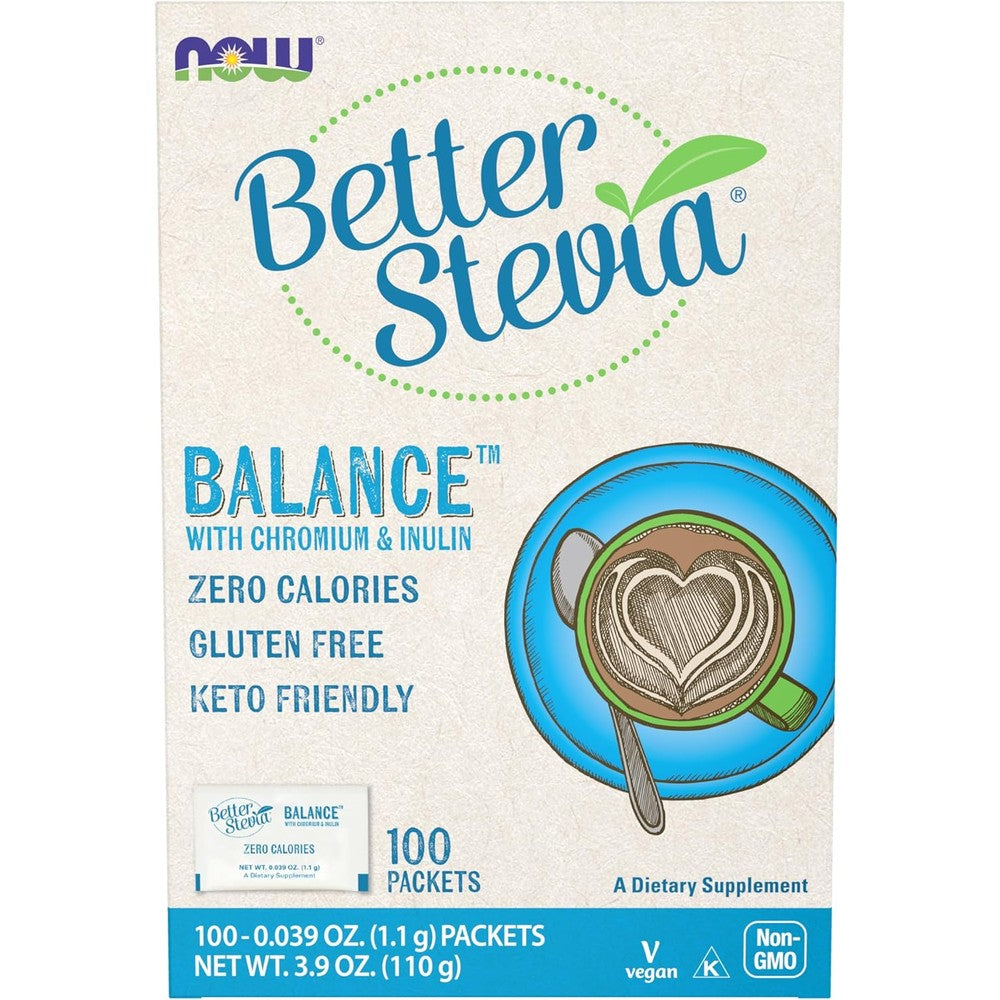 NOW Foods BetterStevia Balance 100 count box front view showing zero calorie sweetener packets for glucose support