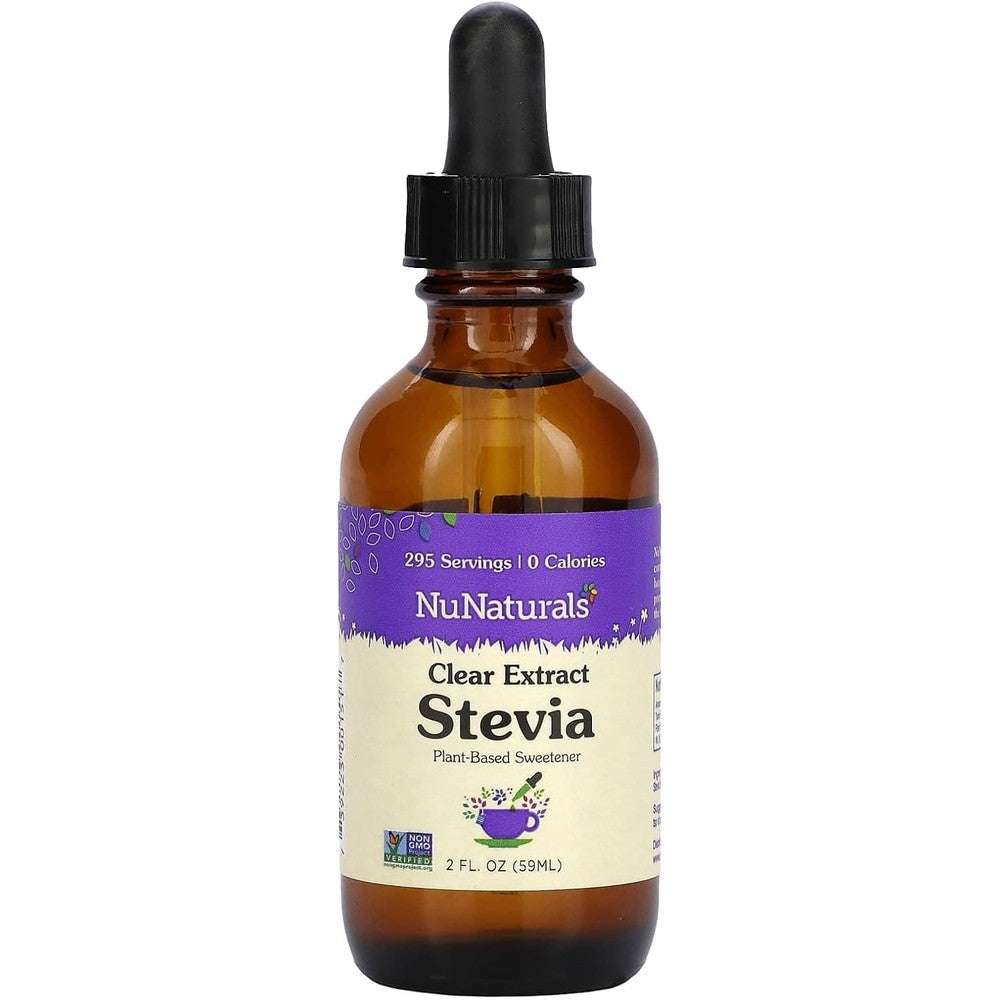 NuNaturals Clear Extract Liquid Stevia front view bottle on a white background.