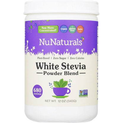 NuNaturals White Stevia Powder Blend twelve ounce front view jar