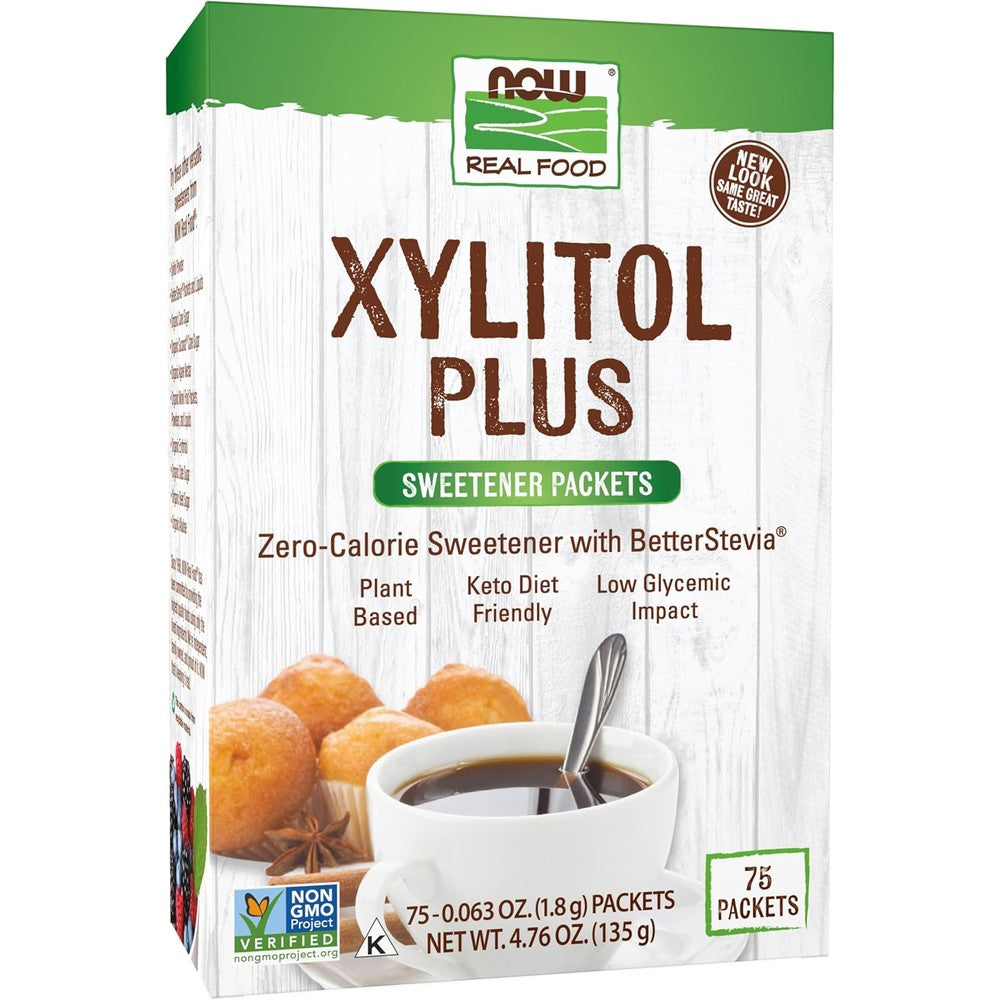 Now Foods Xylitol Plus Sweetener Packets front view of seventy five count retail box