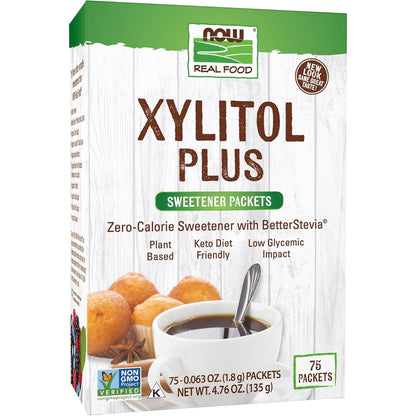 Now Foods Xylitol Plus Sweetener Packets front view of seventy five count retail box
