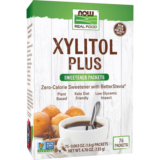 Now Foods Xylitol Plus Sweetener Packets front view of seventy five count retail box