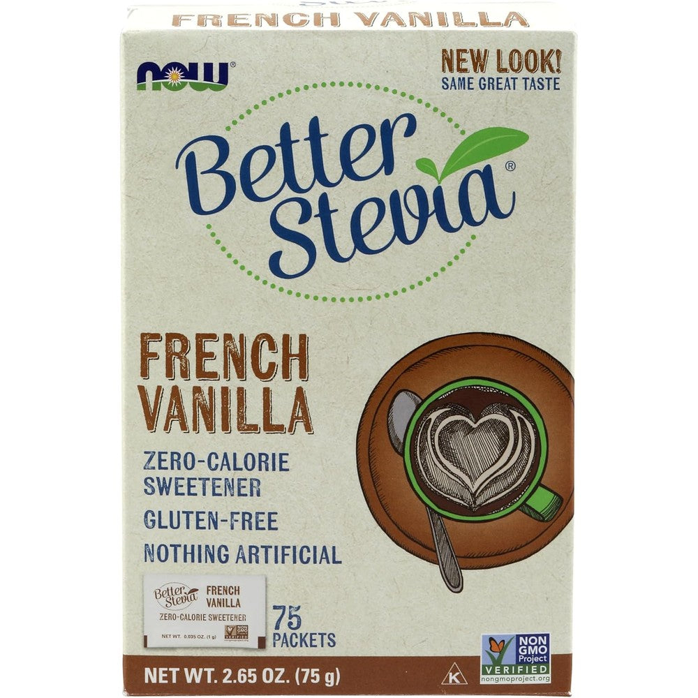 NOW Foods BetterStevia French Vanilla packets front box view zero calorie sugar substitute