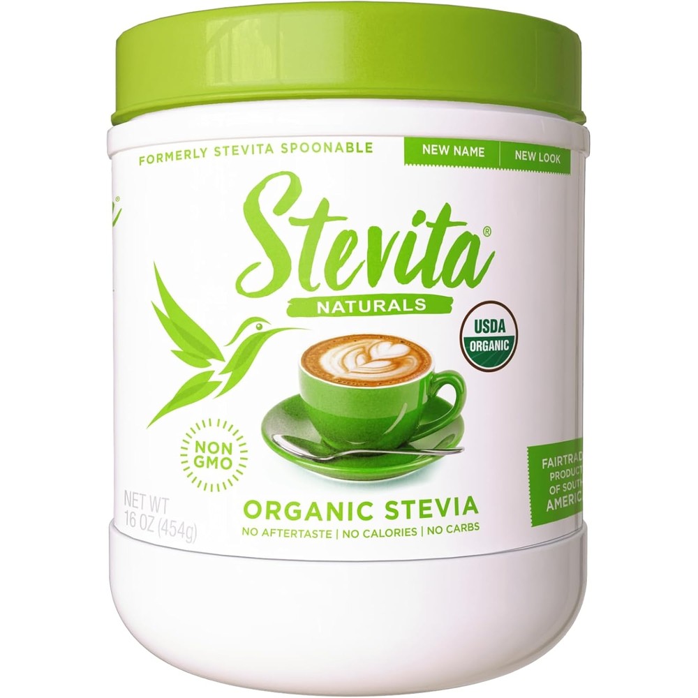 Stevita Organic Stevia and Erythritol Sweetener jar front view all natural sugar substitute
