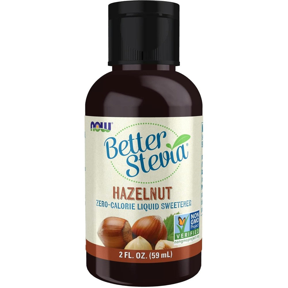 NOW Foods BetterStevia Hazelnut Zero Calorie Liquid Sweetener 2 Fluid Ounce front view bottle for sugar free coffee