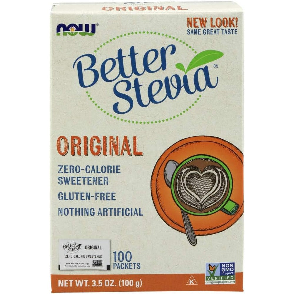 NOW Foods BetterStevia Extract Packets Twin Pack front view box packaging of zero calorie sweetener.