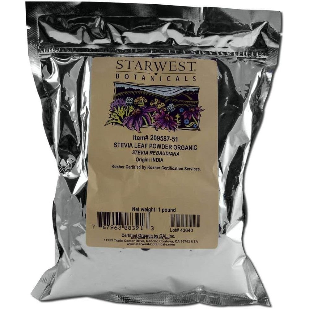 Starwest Botanicals Organic Stevia Leaf Powder 1 Pound front packaging view authentic natural sweetener