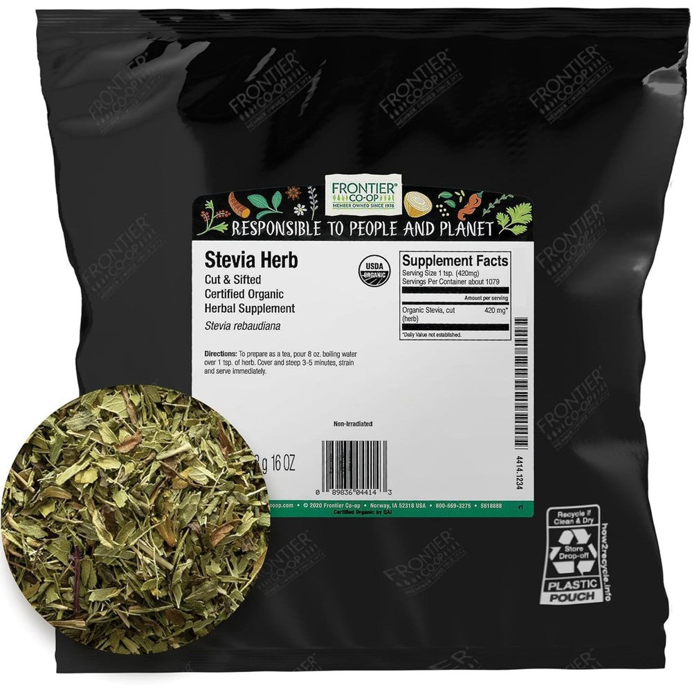 Frontier Co-op Organic Green Stevia Herb 1 pound bulk bag front view showing natural sugar substitute packaging