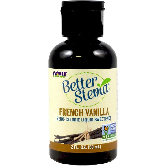 Now Foods Better Stevia French Vanilla Liquid Sweetener twin pack front view showcasing authentic packaging.
