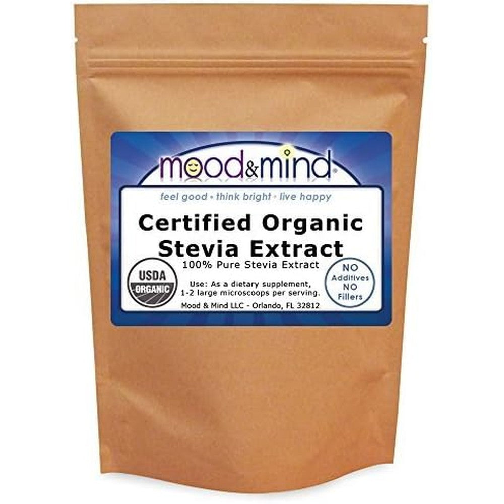Mood And Mind Organic Stevia Extract Powder four ounce front view pure sweetener pouch