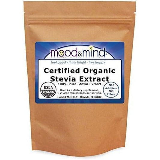 Mood And Mind Organic Stevia Extract Powder four ounce front view pure sweetener pouch
