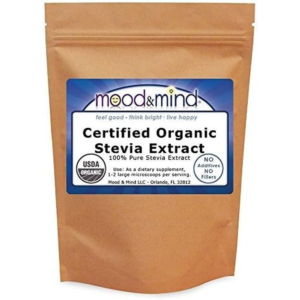 Mood And Mind Organic Stevia Extract Powder 1 Pound front view packaging