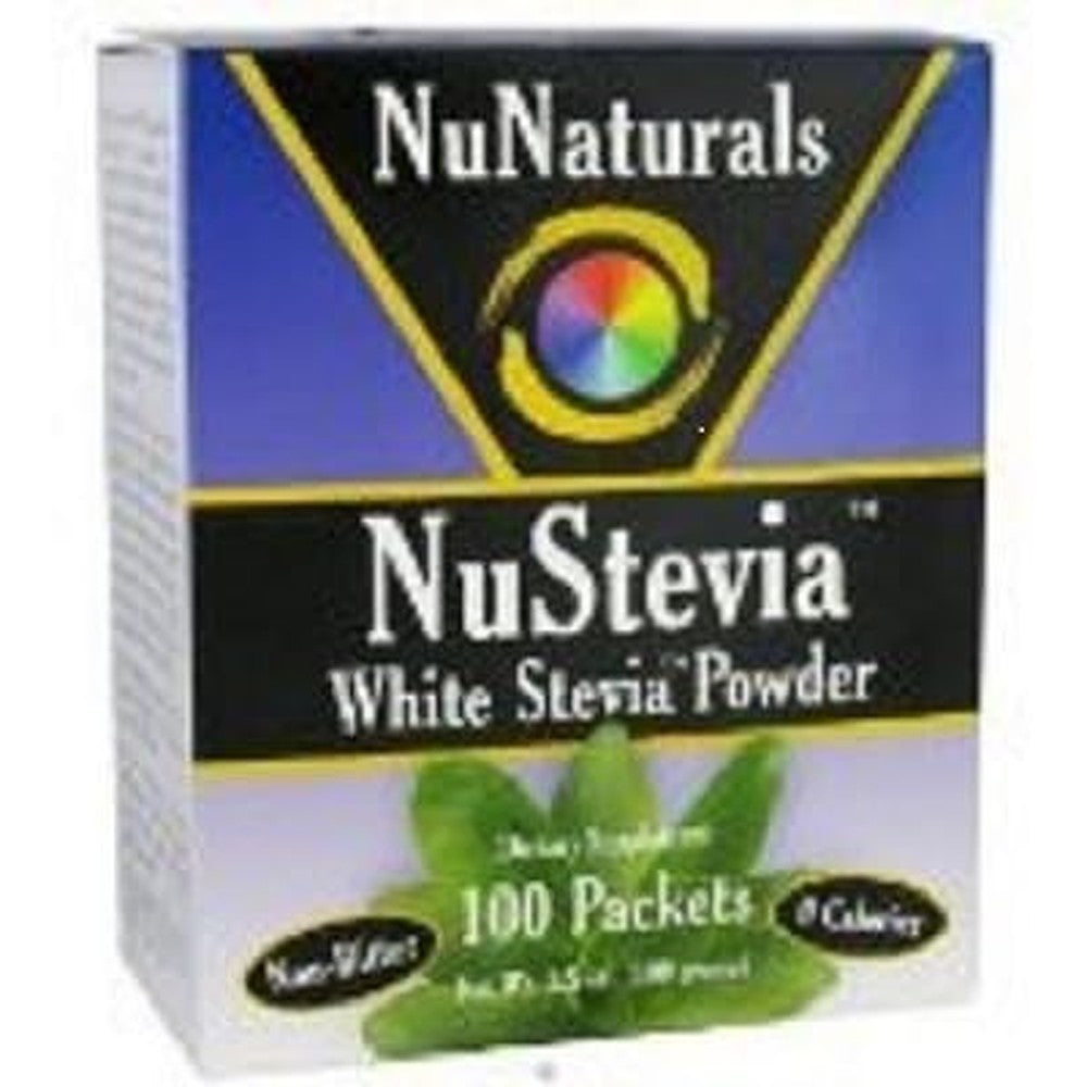NuNaturals NuStevia White Stevia Sugar Free Powder three pack front view showing premium plant based zero calorie packaging.