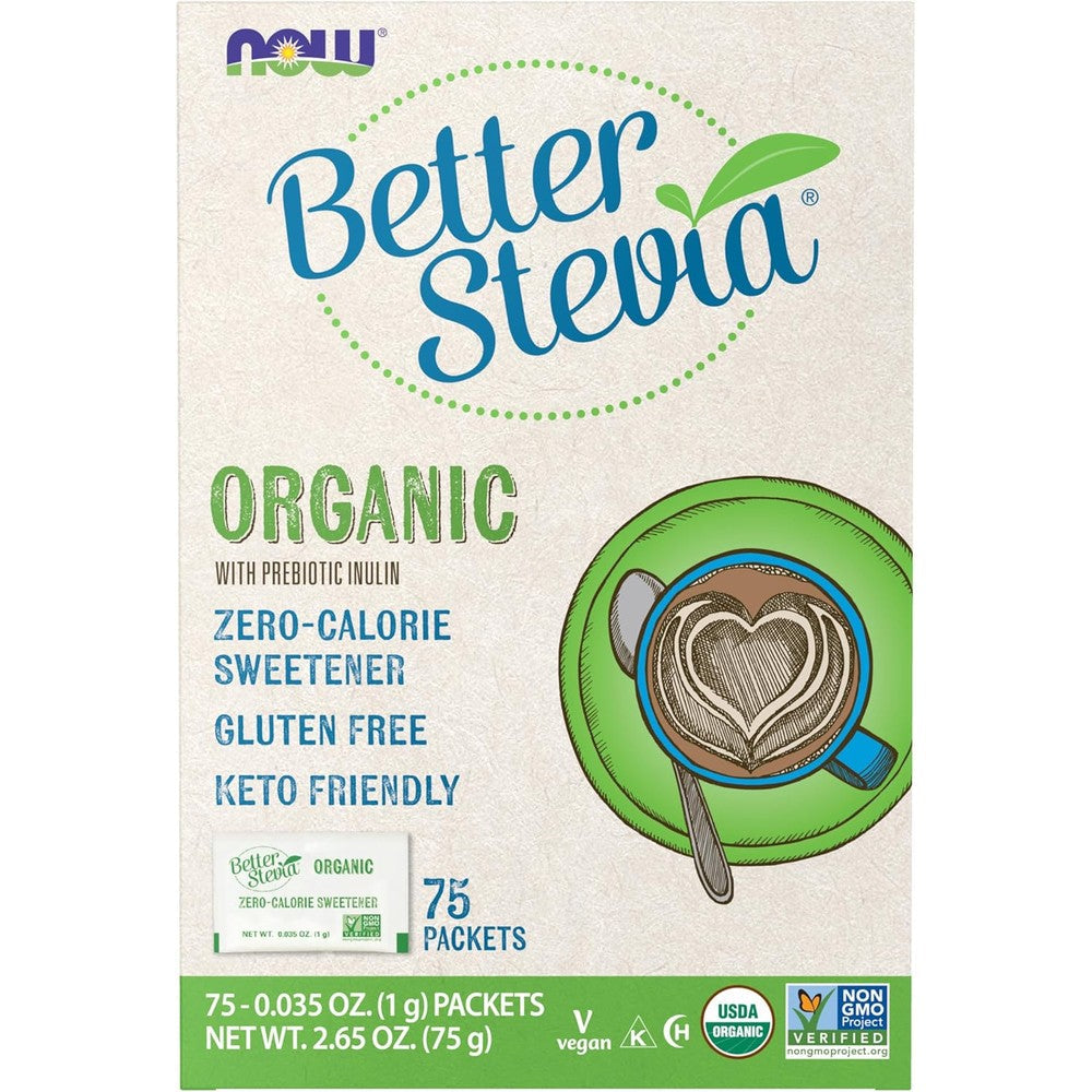 NOW Foods Organic BetterStevia seventy five packets front view box