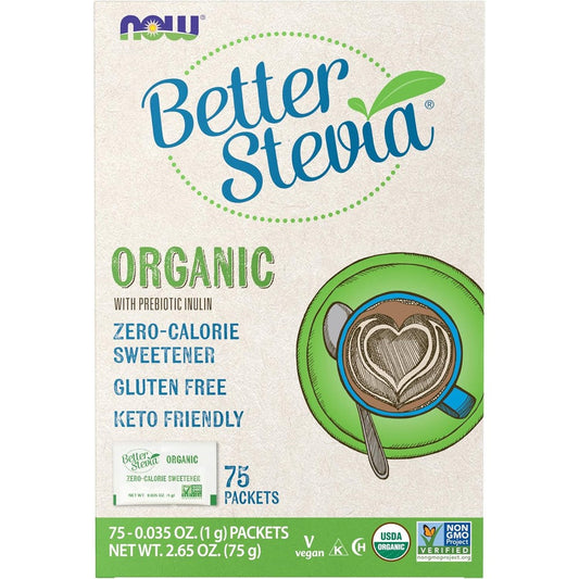 NOW Foods Organic BetterStevia seventy five packets front view box