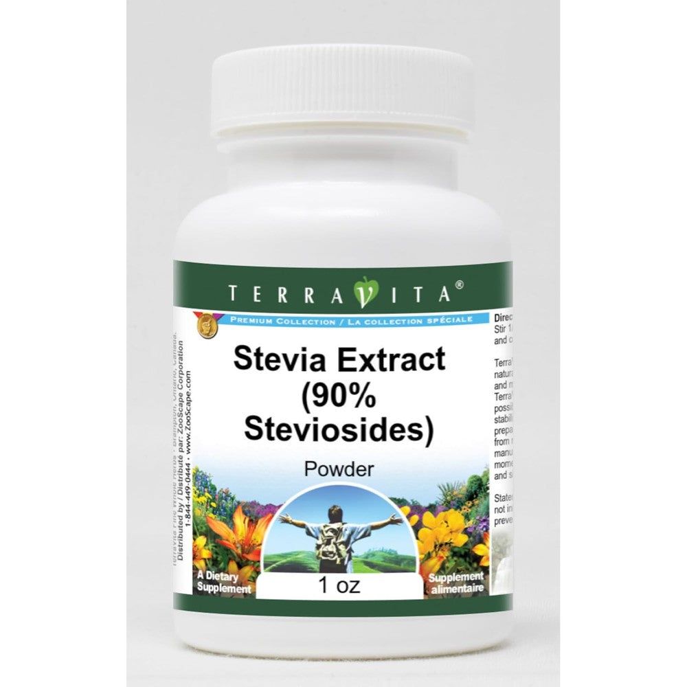 TerraVita Pure Stevia Extract Powder front view showing 1 ounce container size.