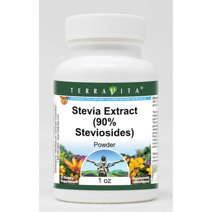 TerraVita Pure Stevia Extract Powder front view showing 1 ounce container size.