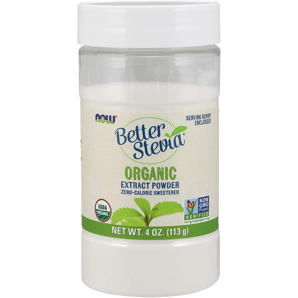 NOW Foods Better Stevia Organic Extract Powder 113 Grams front view authentic USA imported container