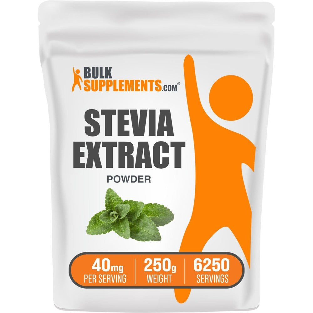 BulkSupplements Stevia Extract Powder 250 Grams pouch front view showing zero calorie natural sweetener packaging