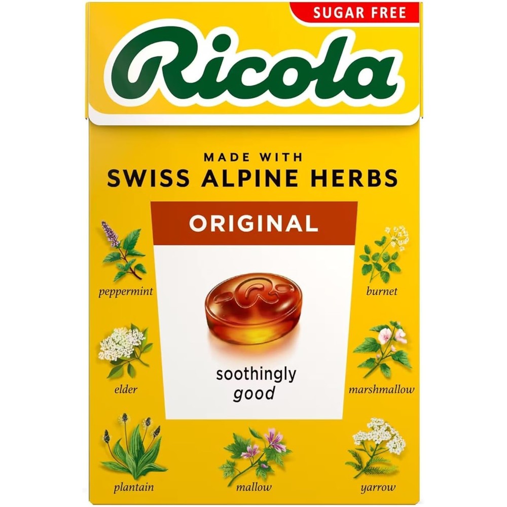 Ricola Original Swiss Alpine Herb Drops front view of the yellow ten pack box showing sugar free labeling.
