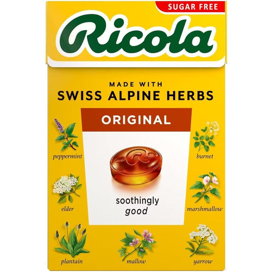 Ricola Original Swiss Alpine Herb Drops front view of the yellow ten pack box showing sugar free labeling.