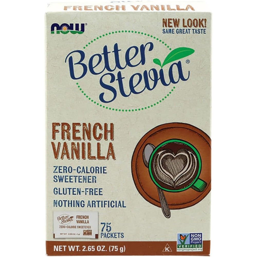 Now Foods BetterStevia French Vanilla seventy five packets front view of box showing keto friendly zero calorie sugar substitute labels.