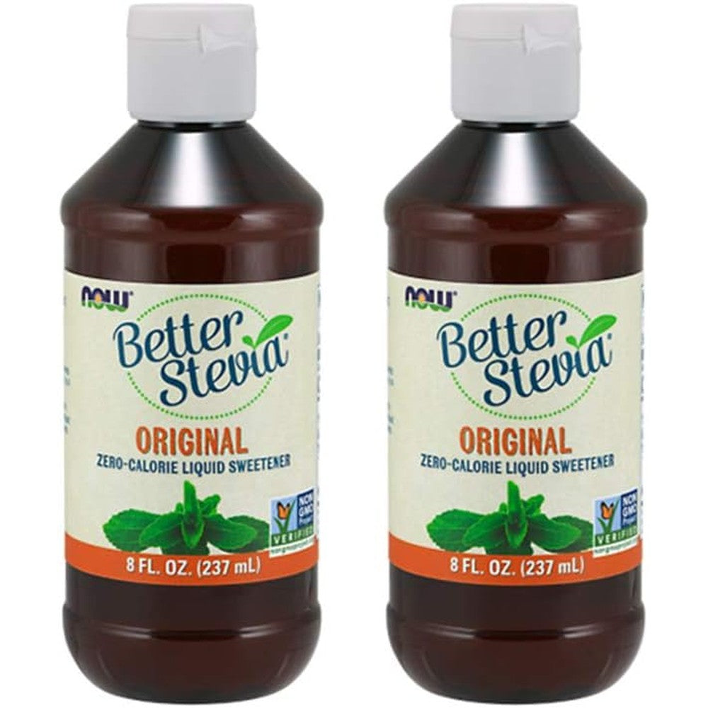 NOW Foods Better Stevia Original Liquid Extract front view showing the eight ounce bottle pack of two.