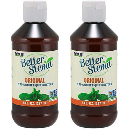 NOW Foods Better Stevia Original Liquid Extract front view showing the eight ounce bottle pack of two.
