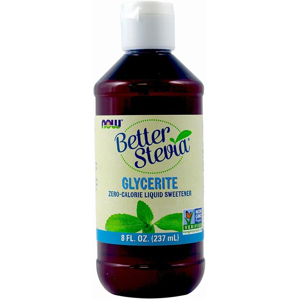 NOW Foods BetterStevia Organic Glycerite liquid sweetener front view eight fluid ounce bottle