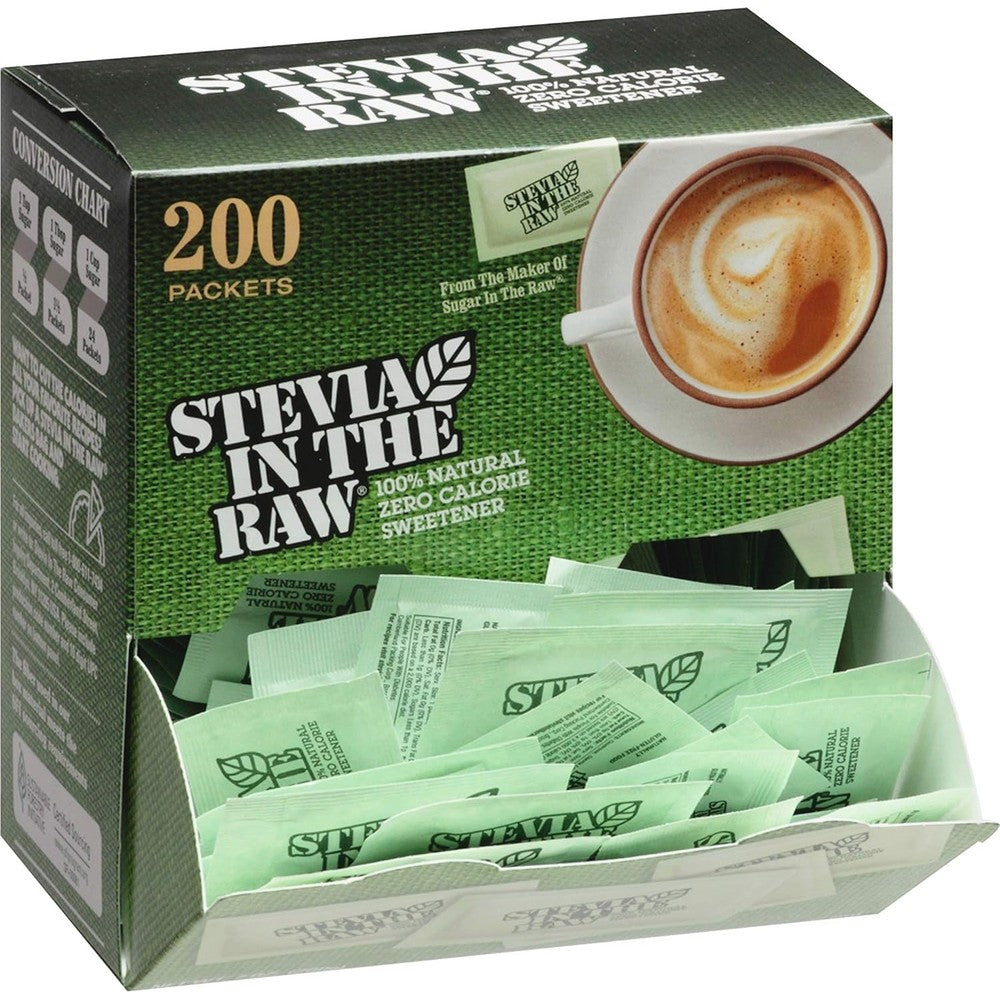 In The Raw Stevia zero calorie sweetener box front view showing 200 packets