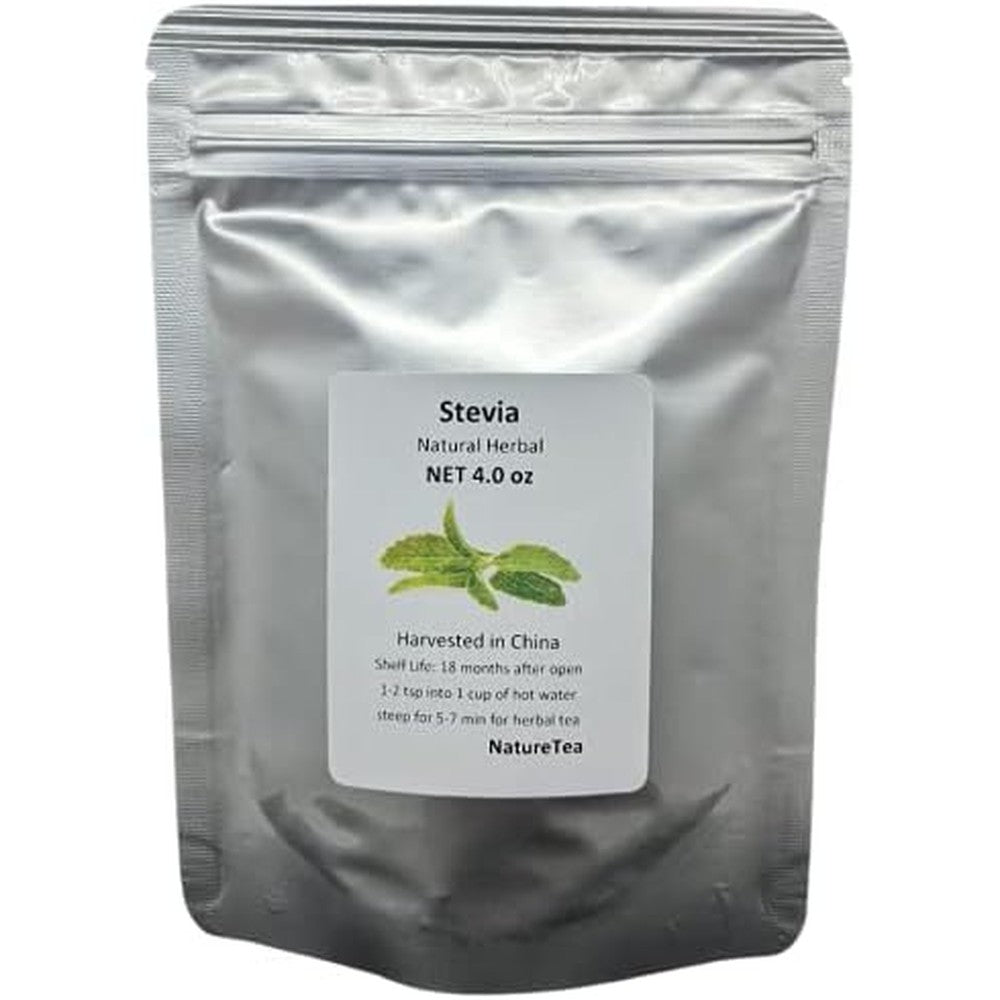 Nature Tea Stevia Leaf Loose Leaf Tea front packaging showing natural herbal product details.