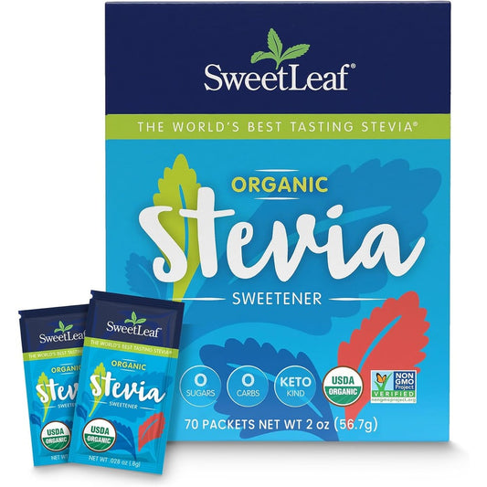 SweetLeaf Organic Stevia Powder Packets front view of the package box on a clean backdrop.