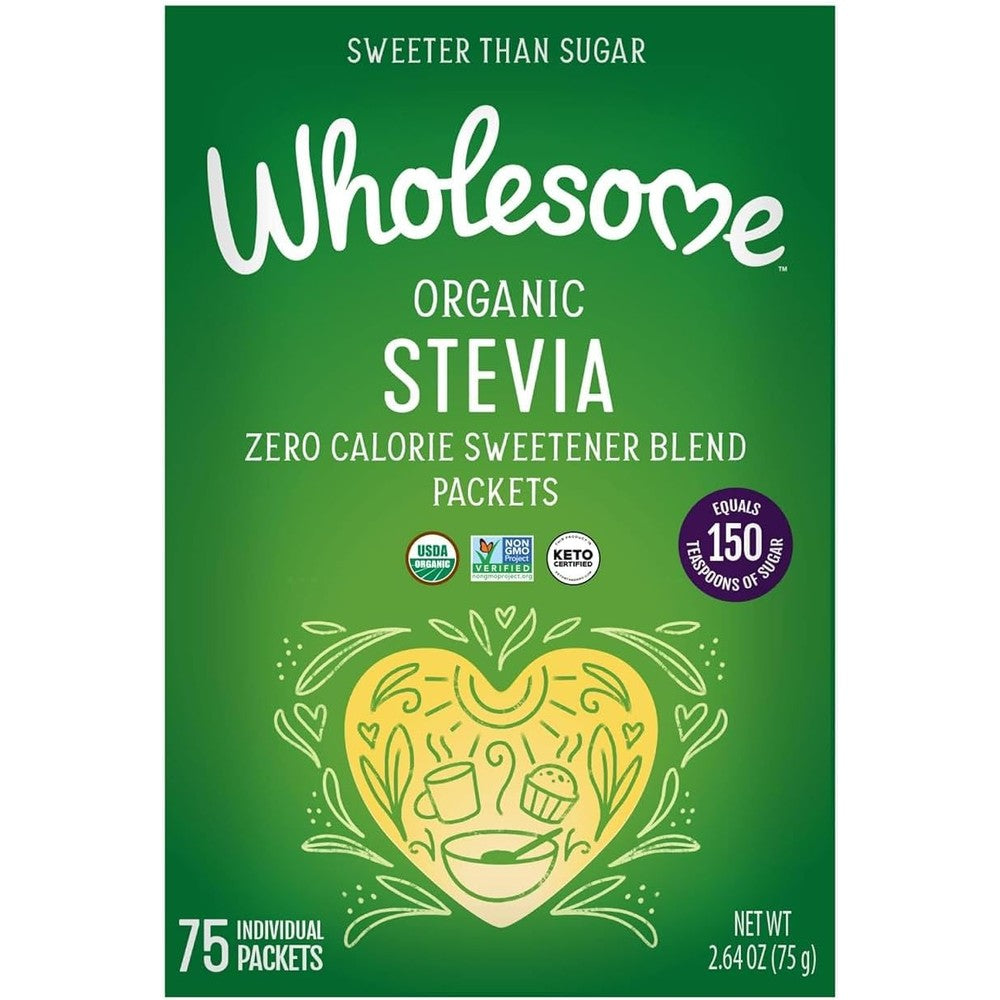 Wholesome Organic Stevia 75 Packets box front view showing zero calorie sugar free sweetener certification labels.