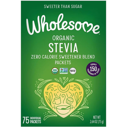 Wholesome Organic Stevia 75 Packets box front view showing zero calorie sugar free sweetener certification labels.