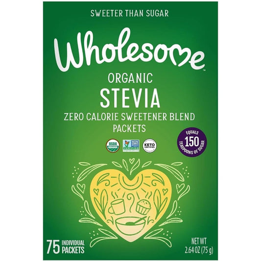 Wholesome Organic Stevia 75 Packets box front view showing zero calorie sugar free sweetener certification labels.